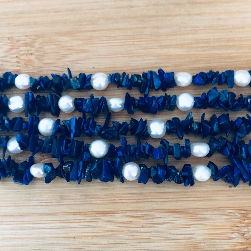 $96  5 Strand Estate Lapis and Pearl Necklace - Picture 4 of 6